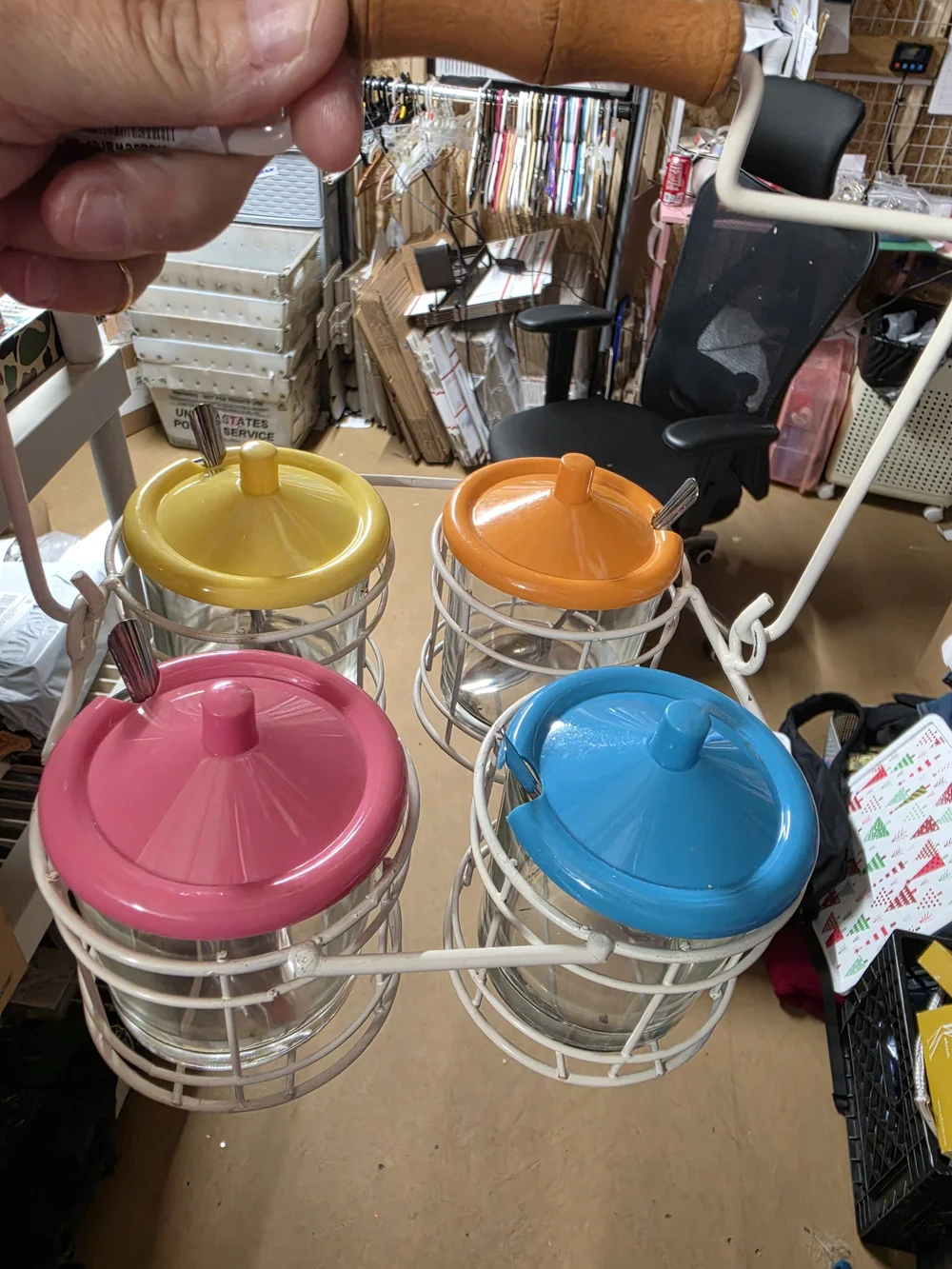 AT-1 Vintage Glass Condiment Jar Set with Yellow, Orange, Pink & Blue Lids
